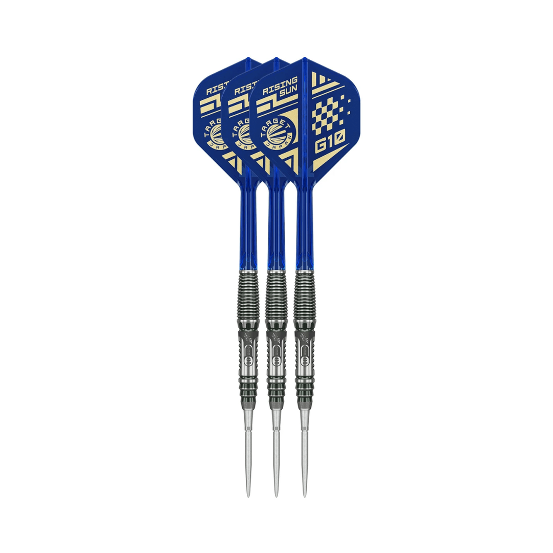 Target Japan Haruki Muramatsu Rising Sun G10.5 24g steel-tip darts, three assembled darts with flights, shafts and points on a white background.