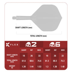 Official K-Flex No.2 and No.6 shaft length guide: Short 19mm, Intermediate 26mm and Medium 33mm.