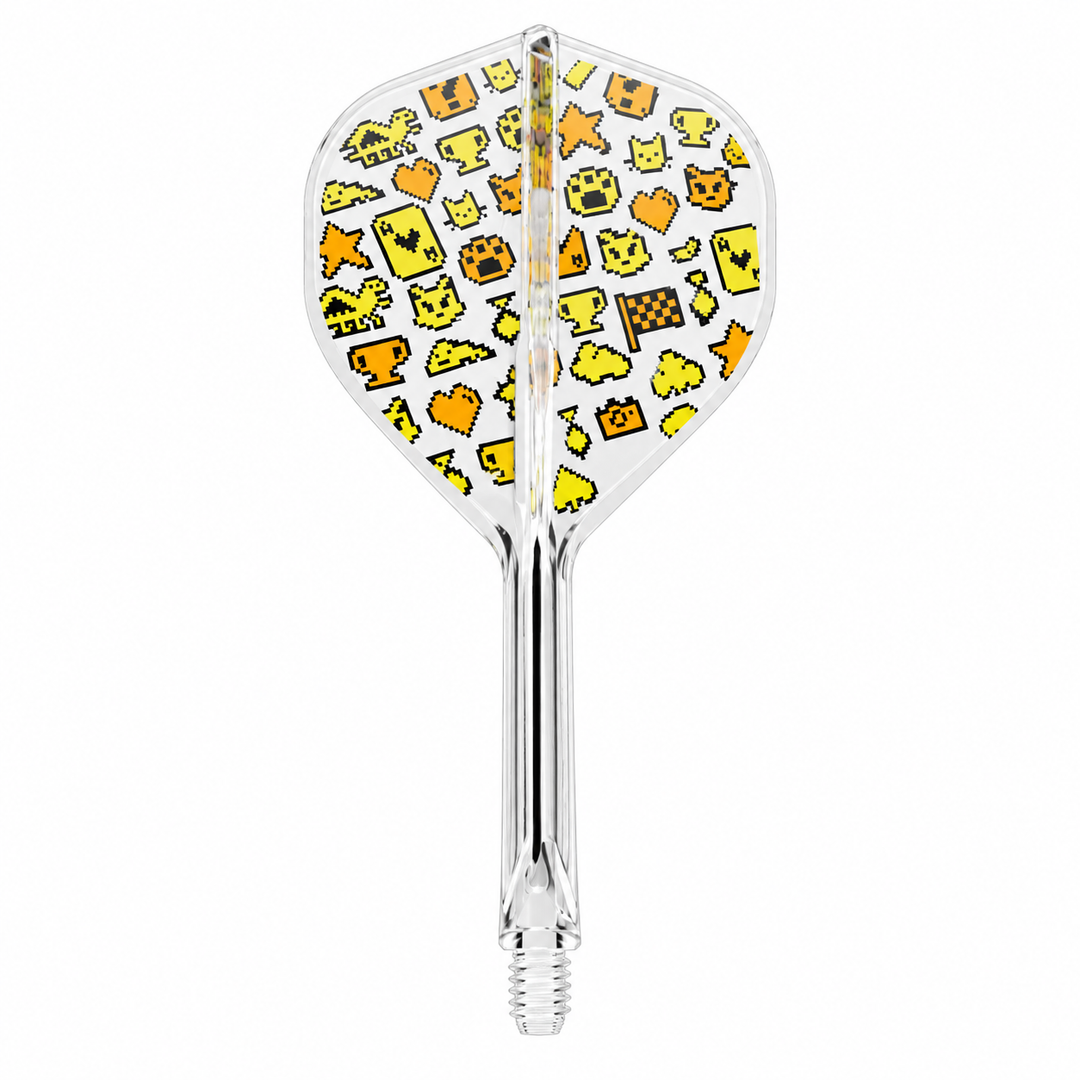 Target Japan Mayuko Morita Mayo K-Flex No.2 integrated flight and shaft, single clear unit with yellow and orange pixel artwork on white.