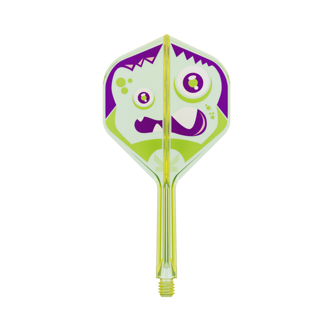 Target Japan Motomu Sakai Xeno K-Flex No.2 in Neon Yellow with Purple and Green printed design; one complete Intermediate flight and shaft assembly pictured on white. Sold as a pack of three.