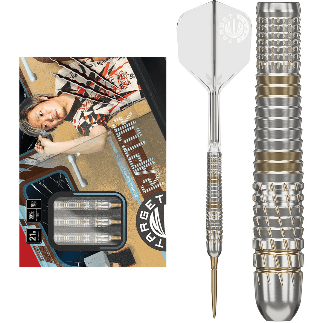 Target Japan Prime Series Raptor G5 Steel Tip Darts 90% Tungsten — dart, barrel detail and packaging