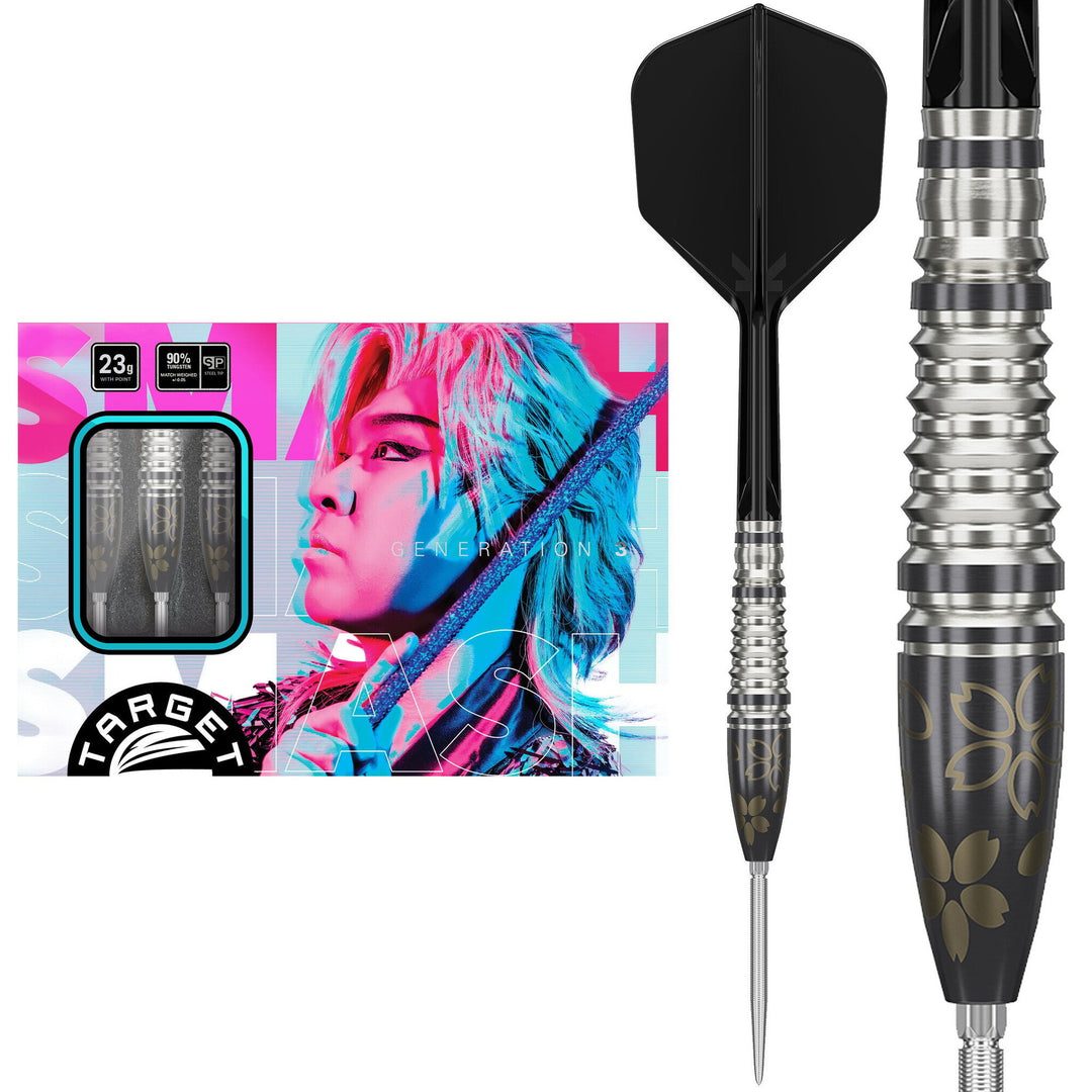 Target Japan Smash G3 Steel Tip Darts 90% Tungsten — dart, barrel detail and packaging