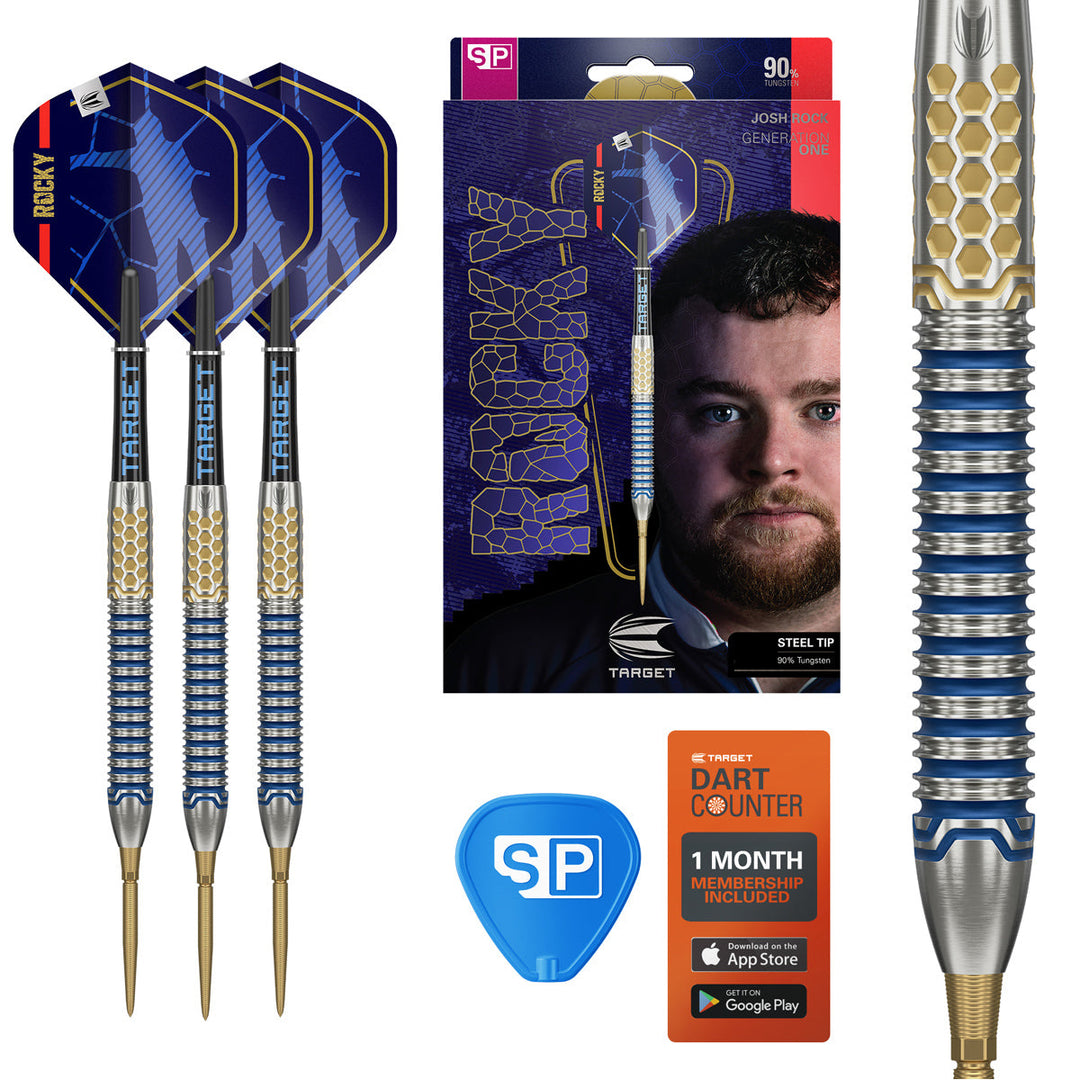 Target Josh Rock G1 Steel Tip Darts 90% Tungsten — set contents and packaging