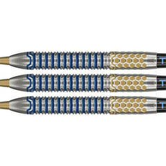 Josh Rock G1 Steel Tip Darts – three blue and gold barrels in close-up