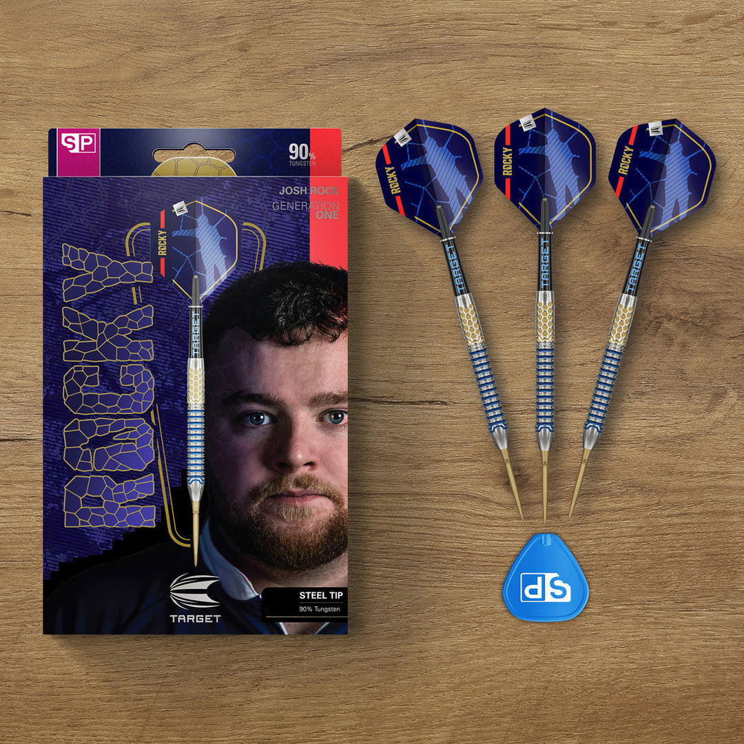 Target Josh Rock G1 Steel Tip Darts 90% Tungsten — set contents and packaging