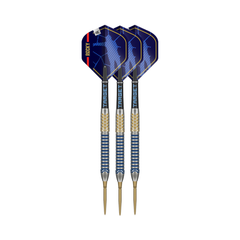 Target Josh Rock G1 steel-tip darts, three assembled darts with flights, shafts and points on a white background.