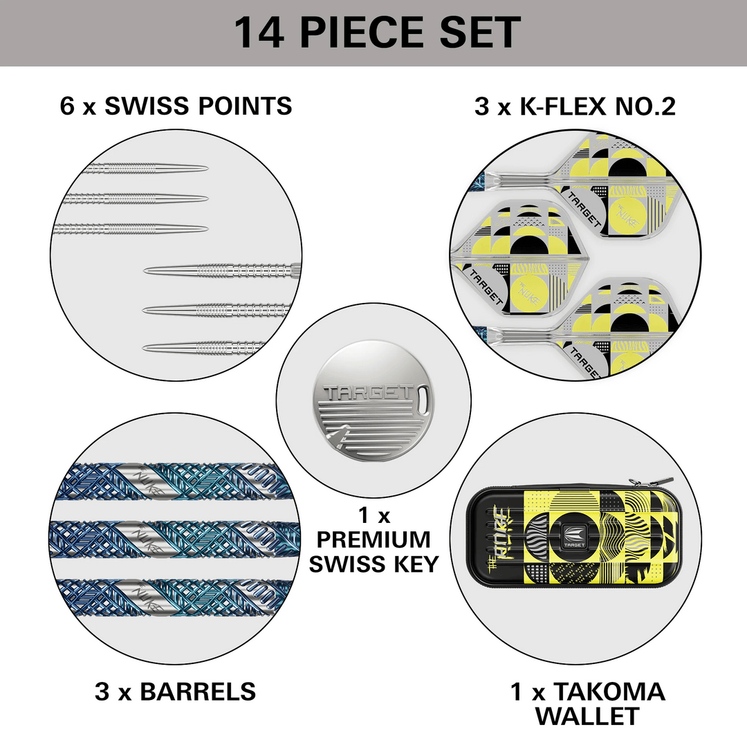 Target Luke Littler Edge SP Steel Tip Darts 95% Tungsten — set contents diagram