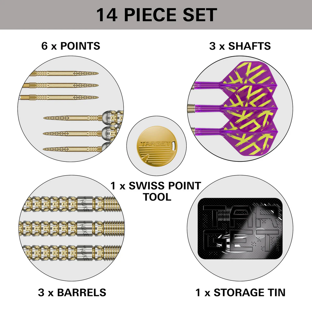 Target Luke Littler G1 Prodigy Steel Tip Darts 90% Tungsten — set contents diagram