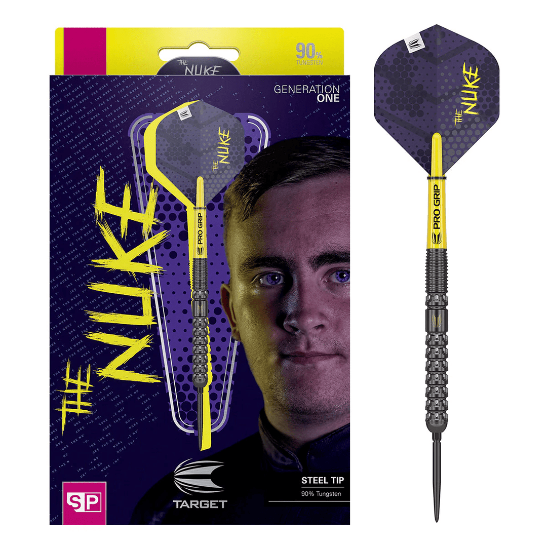 Target Luke Littler Gen 1 SP Steel Tip Darts 90% Tungsten — dart and packaging