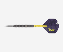 Luke Littler Gen 1 SP Steel Tip Darts – assembled dart side profile with purple flight and yellow shaft