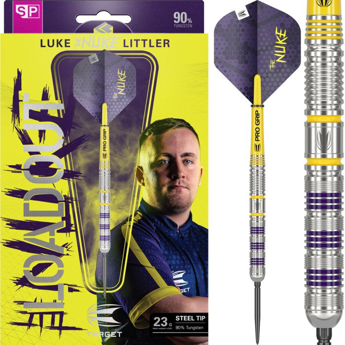 Target Luke Littler Loadout Steel Tip Darts 90% Tungsten — dart, barrel detail and packaging