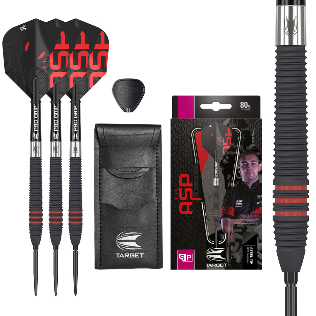 Target ASP Black Steel Tip Darts 80% Tungsten — set contents and packaging