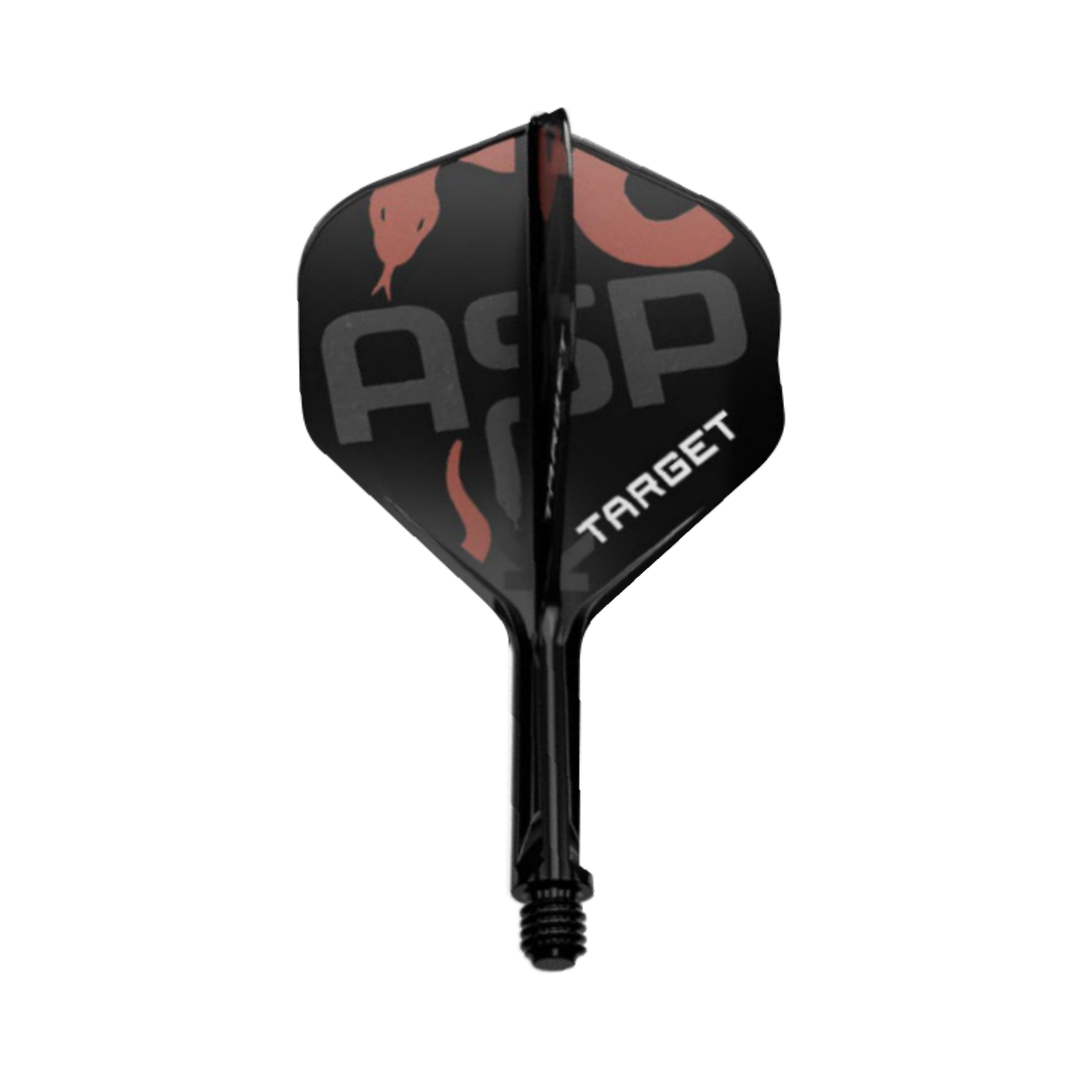 Target Nathan Aspinall No.2 integrated flight and shaft, one black ASP design shown on white.