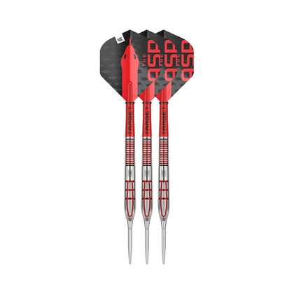 Target Nathan Aspinall G2 steel-tip darts, three assembled darts with flights, shafts and points on a white background.