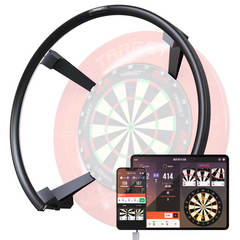 Target Omni ring around a dartboard with scoring screens on a tablet and phone