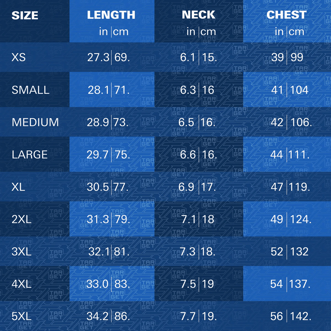 Phil Taylor 2025 Playing Shirt – shirt size chart with length, sleeve and chest measurements