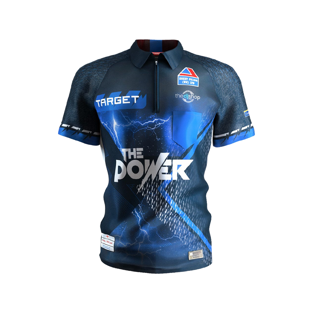 Target Phil Taylor 2025 Playing Shirt; one complete front view on white, with the actual collar, sleeves, hem and printed product design visible.