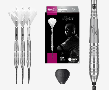Target Power 9Five G6 Steel Tip Darts 95% Tungsten — dart, barrel detail and packaging