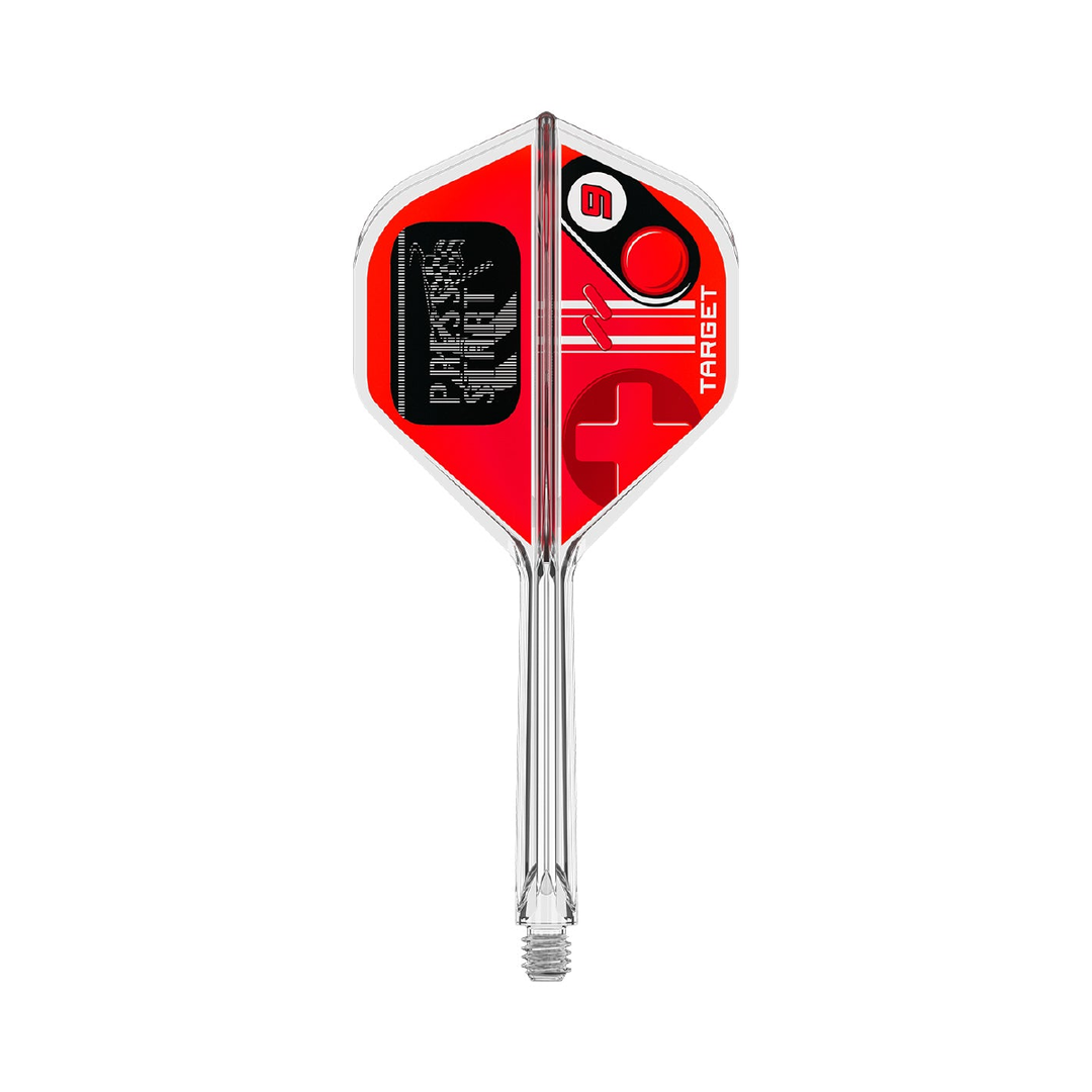 Target Press Start K-Flex No.2 in Clear and Red; one complete Medium flight and shaft assembly pictured on white. Sold as a pack of three.