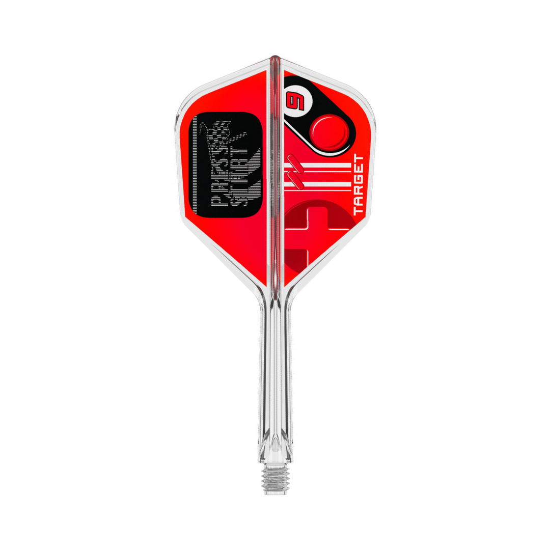 Target Press Start K-Flex No.6 in Clear and Red; one complete Intermediate flight and shaft assembly pictured on white. Sold as a pack of three.