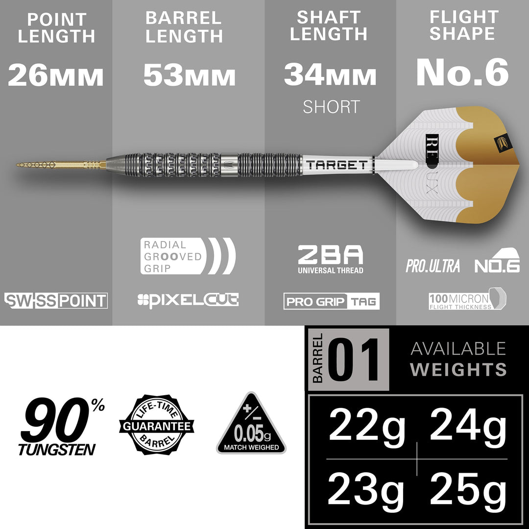 Target Redux 01 Steel Tip Darts 90% Tungsten — dart and barrel dimensions chart