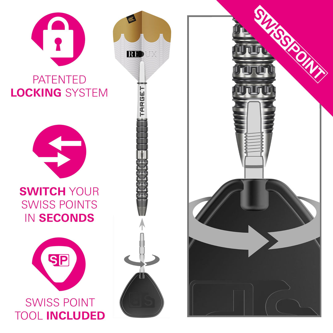Target Redux 01 Steel Tip Darts 90% Tungsten — Swiss Point fitting and removal diagram
