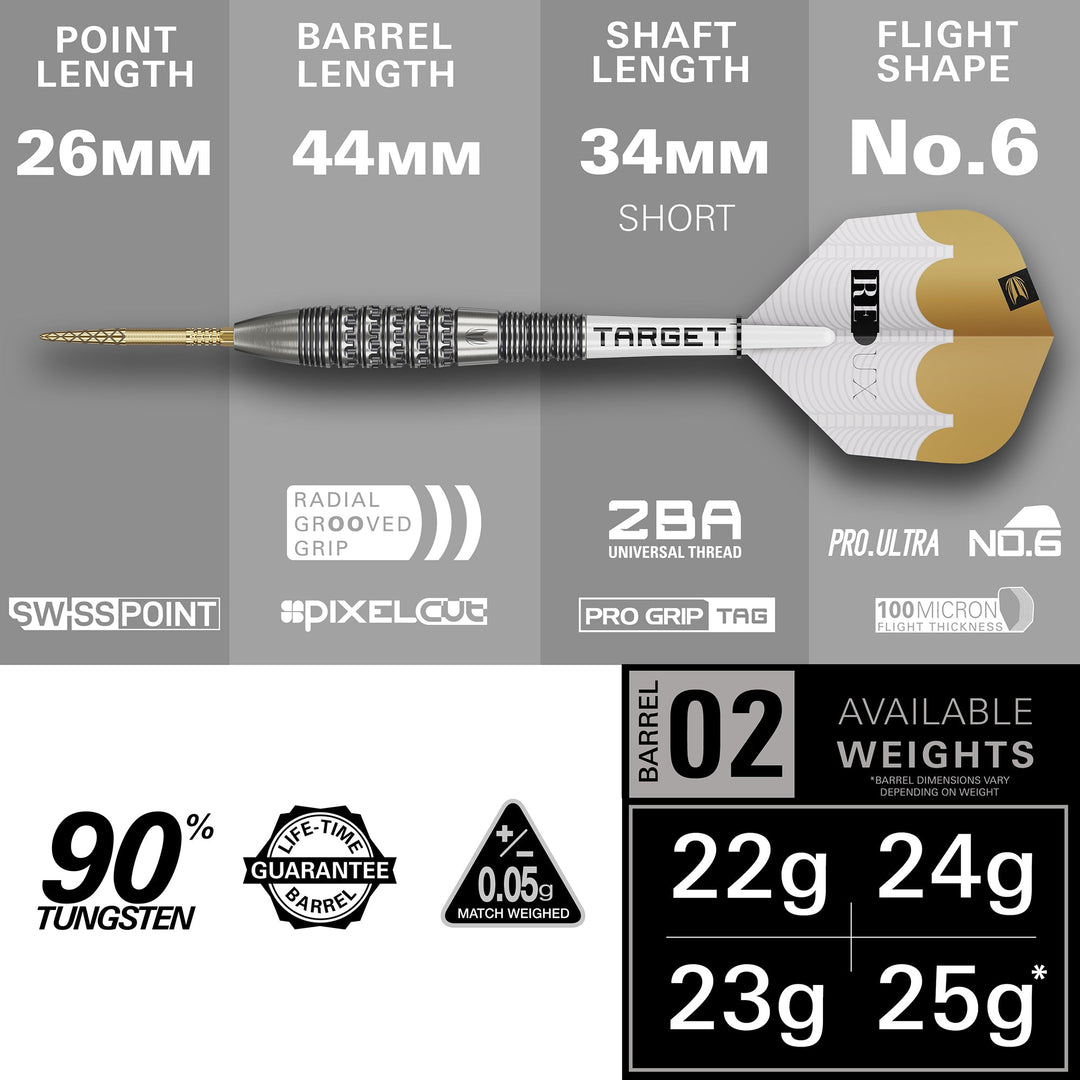 Target Redux 02 Steel Tip Darts 90% Tungsten — dart and barrel dimensions chart