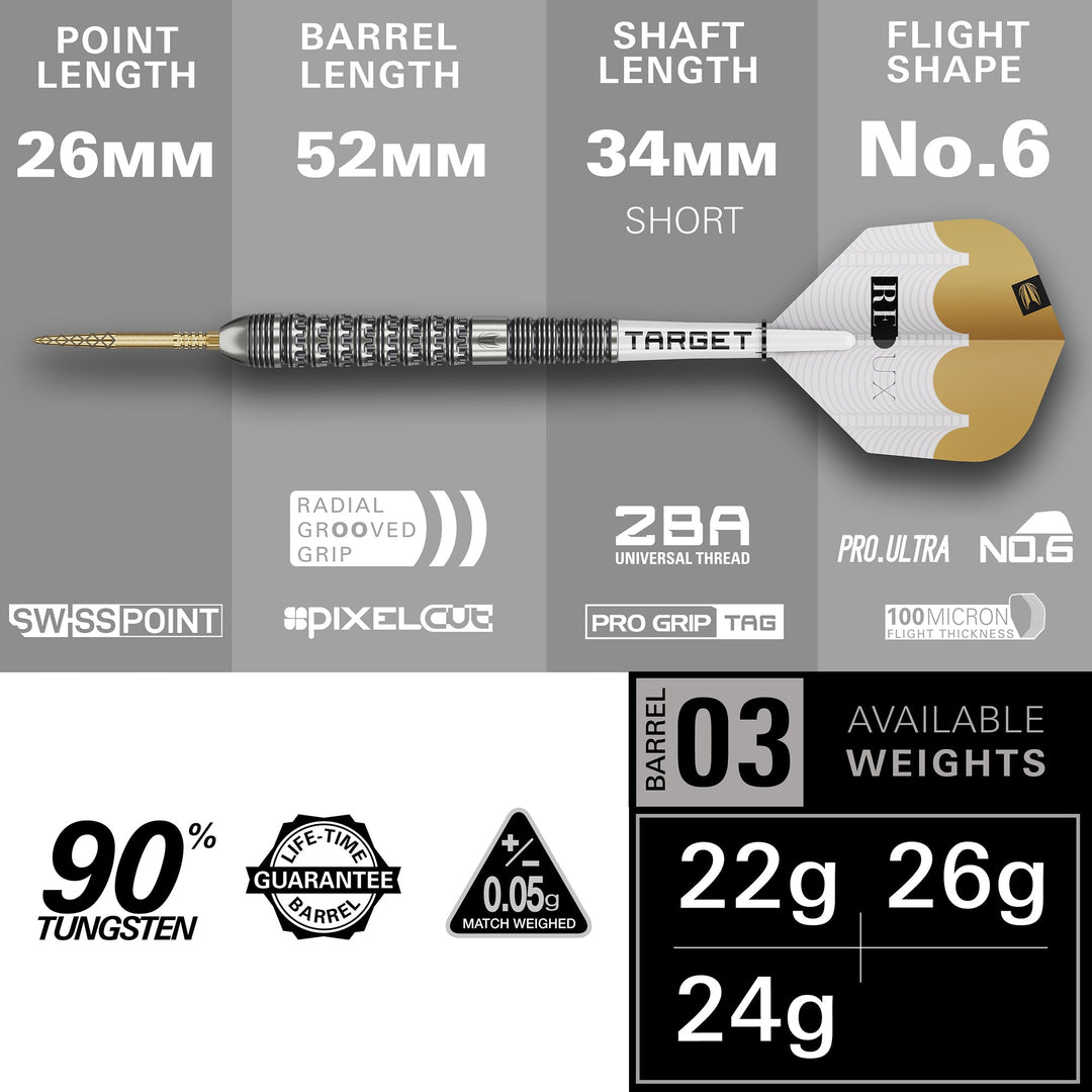 Target Redux 03 Steel Tip Darts 90% Tungsten — dart and barrel dimensions chart