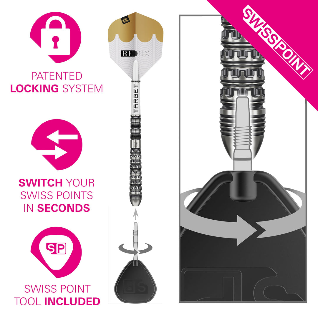 Target Redux 03 Steel Tip Darts 90% Tungsten — Swiss Point fitting and removal diagram