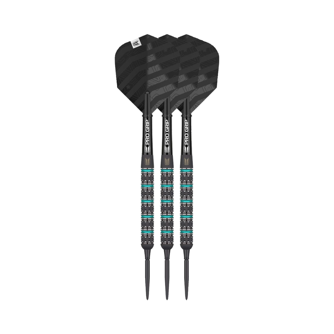 Target Rob Cross Black steel-tip darts, three assembled darts with flights, shafts and points on a white background.