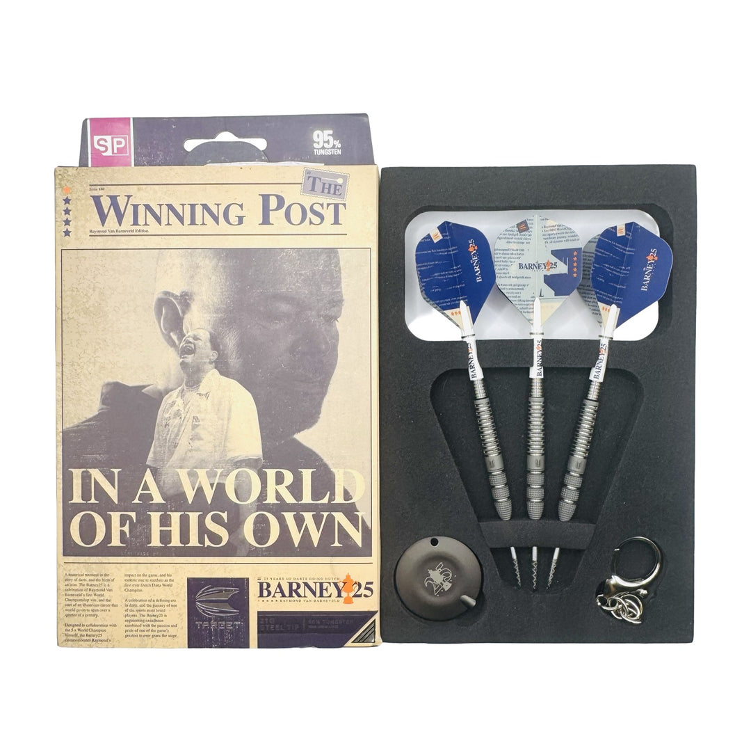 Used Target RVB Barney25 SP 95% Tungsten 21g — open presentation box with darts