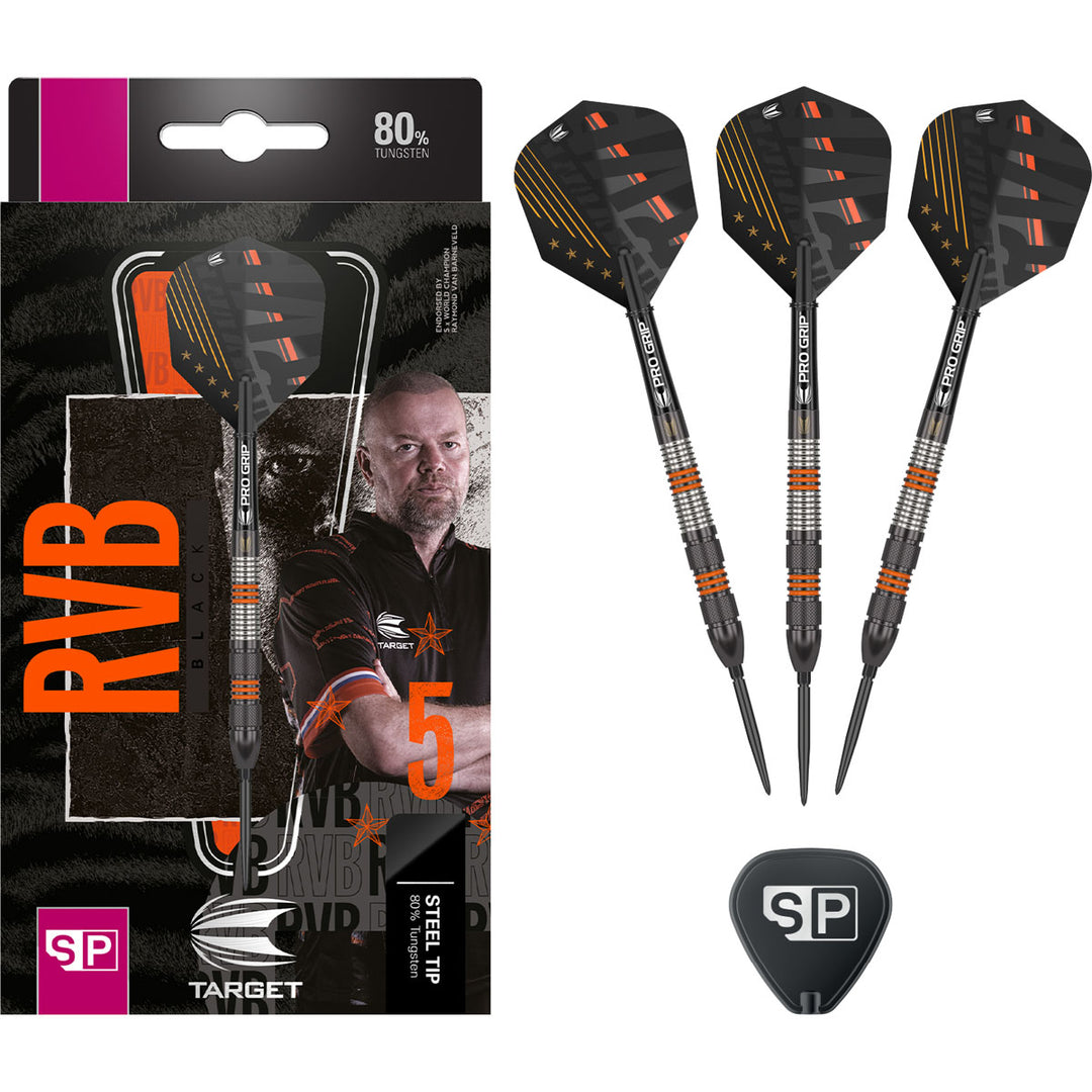 Target RVB Black Steel Tip Darts 80% Tungsten — set contents and packaging