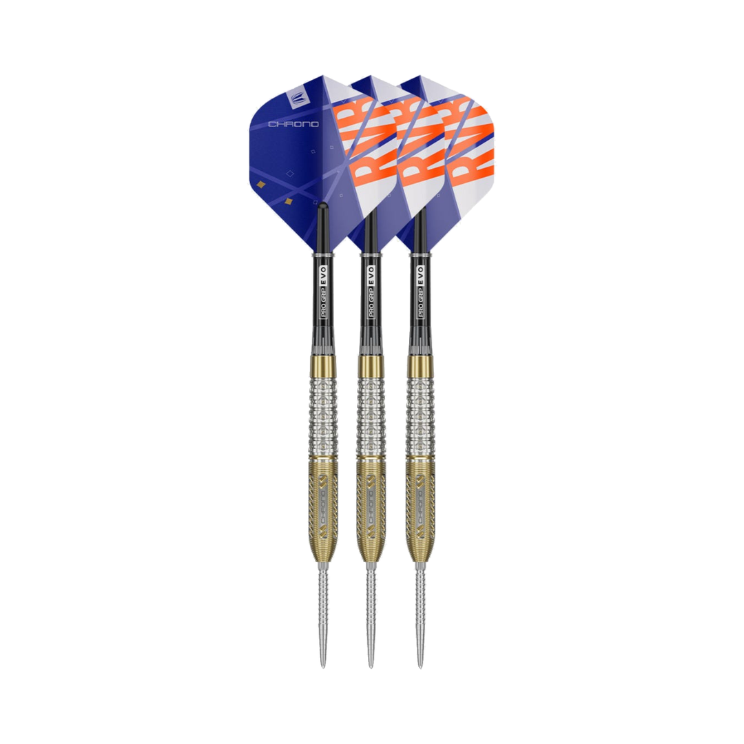 Target RVB Chrono steel-tip darts, three assembled darts with flights, shafts and points on a white background.