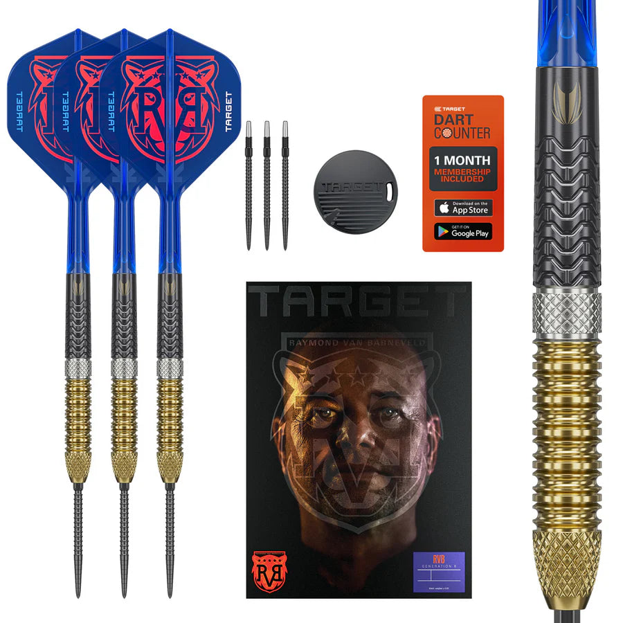 Target RVB G6 Steel Tip Darts 95% Tungsten — dart, barrel detail and packaging