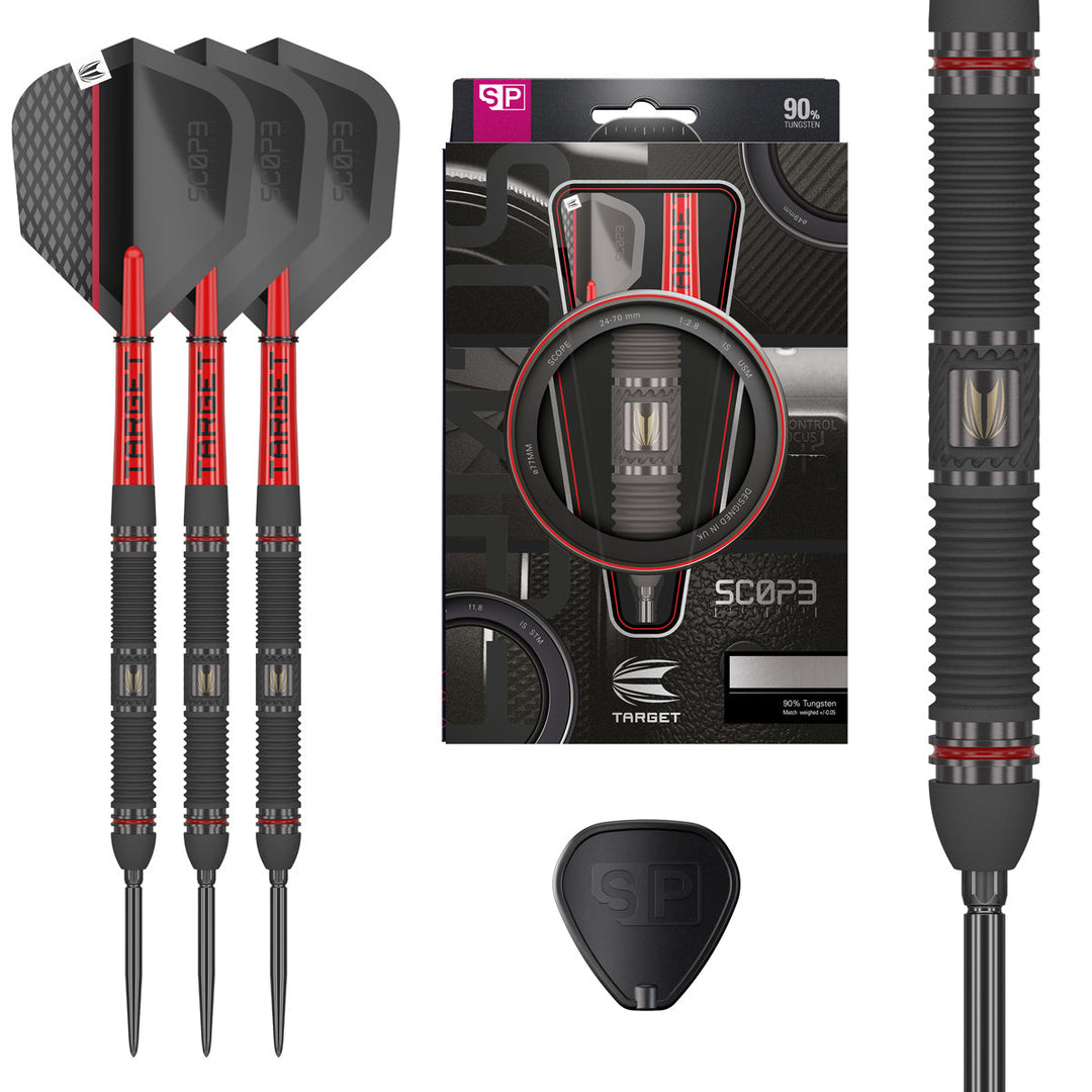 Target Scope 01 Steel Tip Darts 90% Tungsten — set contents and packaging