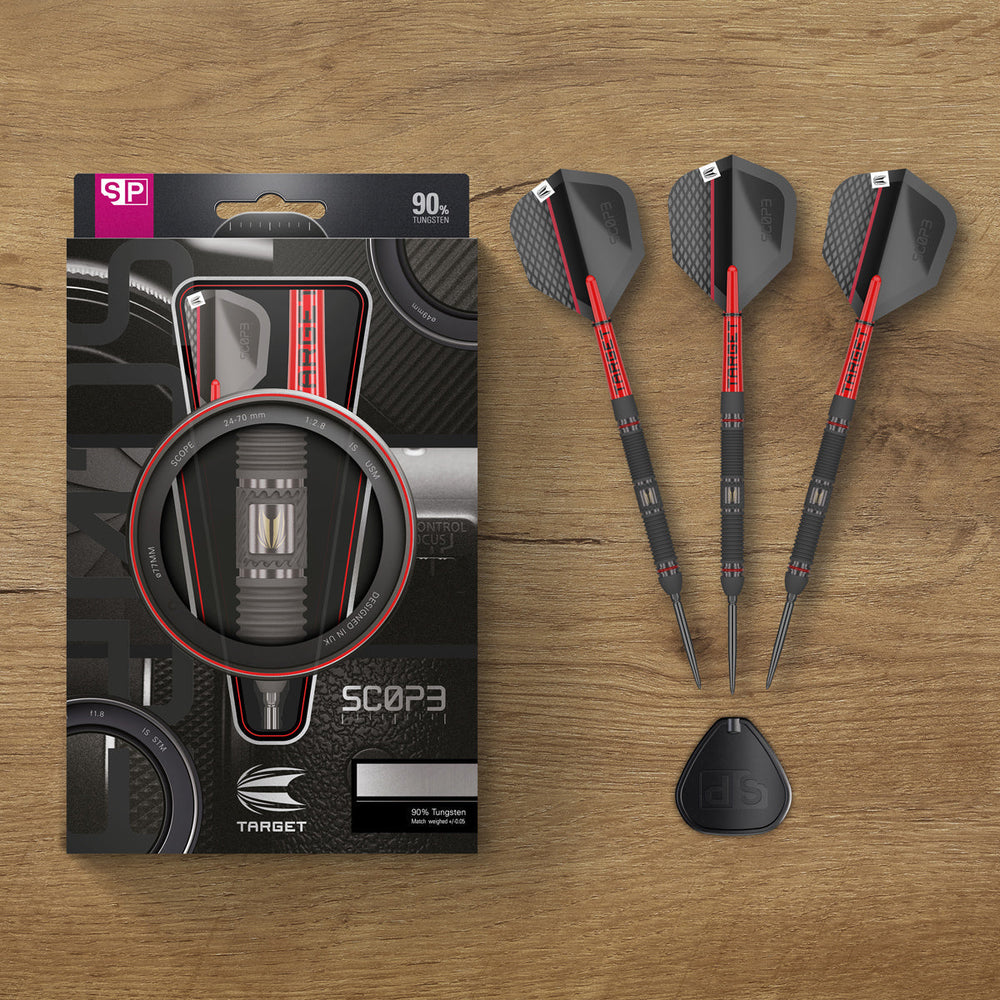 Target Scope 01 Steel Tip Darts 90% Tungsten — set contents and packaging