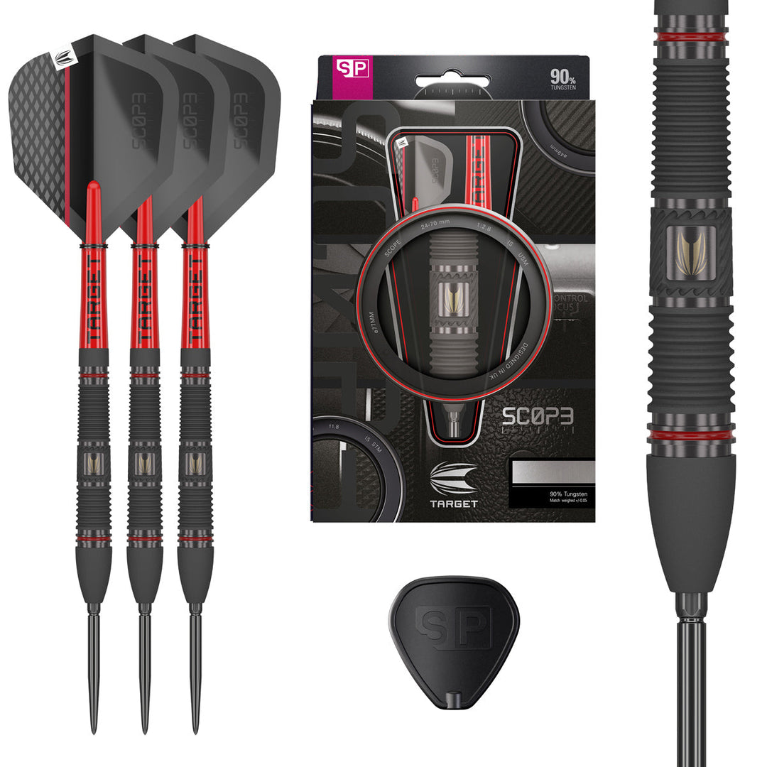 Target Scope 02 Steel Tip Darts 90% Tungsten — set contents and packaging
