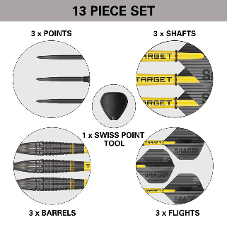 Target Scott Williams Black Steel Tip Darts 90% Tungsten — set contents diagram