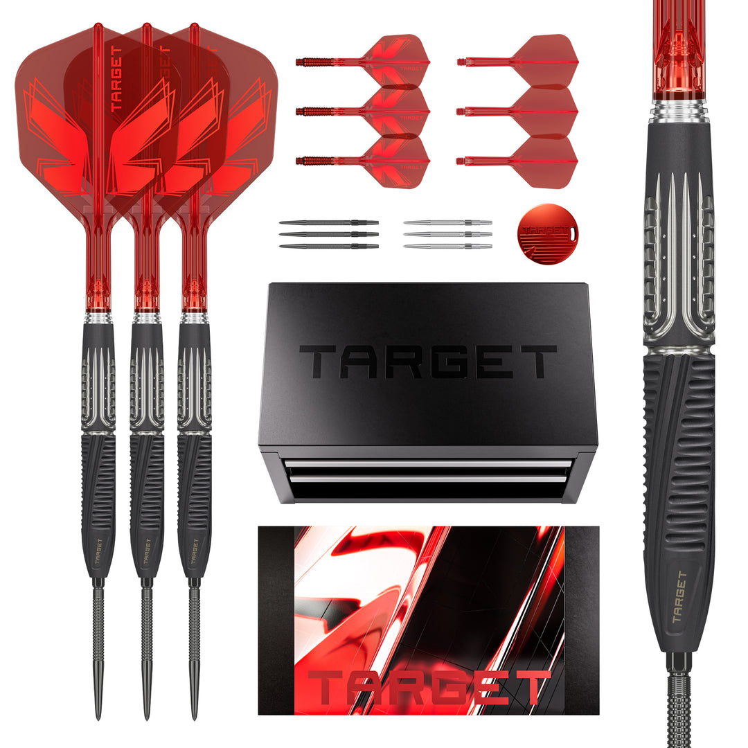 Target Shift Steel Tip Darts - 90% Tungsten – complete set with presentation box, flights, points and Swiss Key