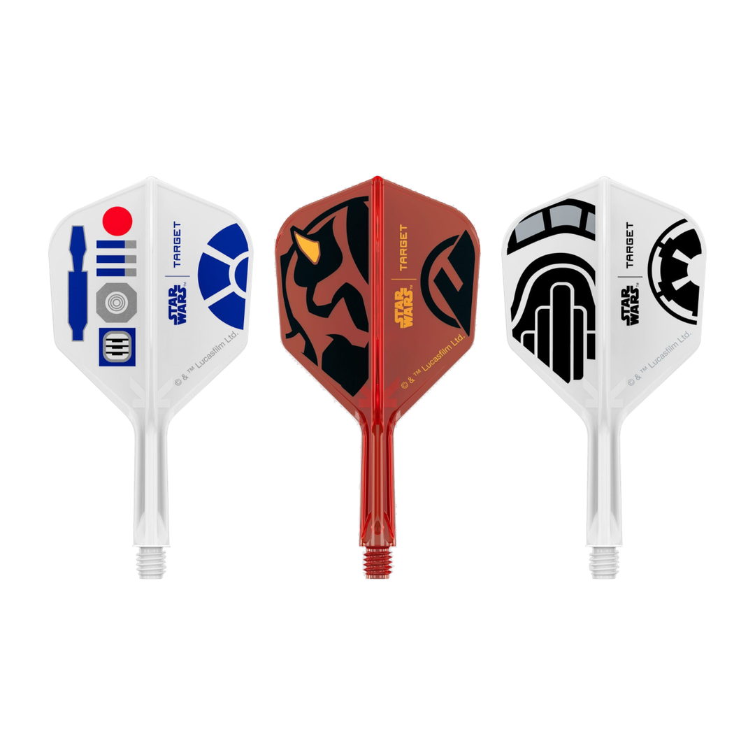 Target Star Wars K-Flex integrated flights and shafts, one R2-D2, Darth Maul and Stormtrooper design shown on white. Designs sold separately.