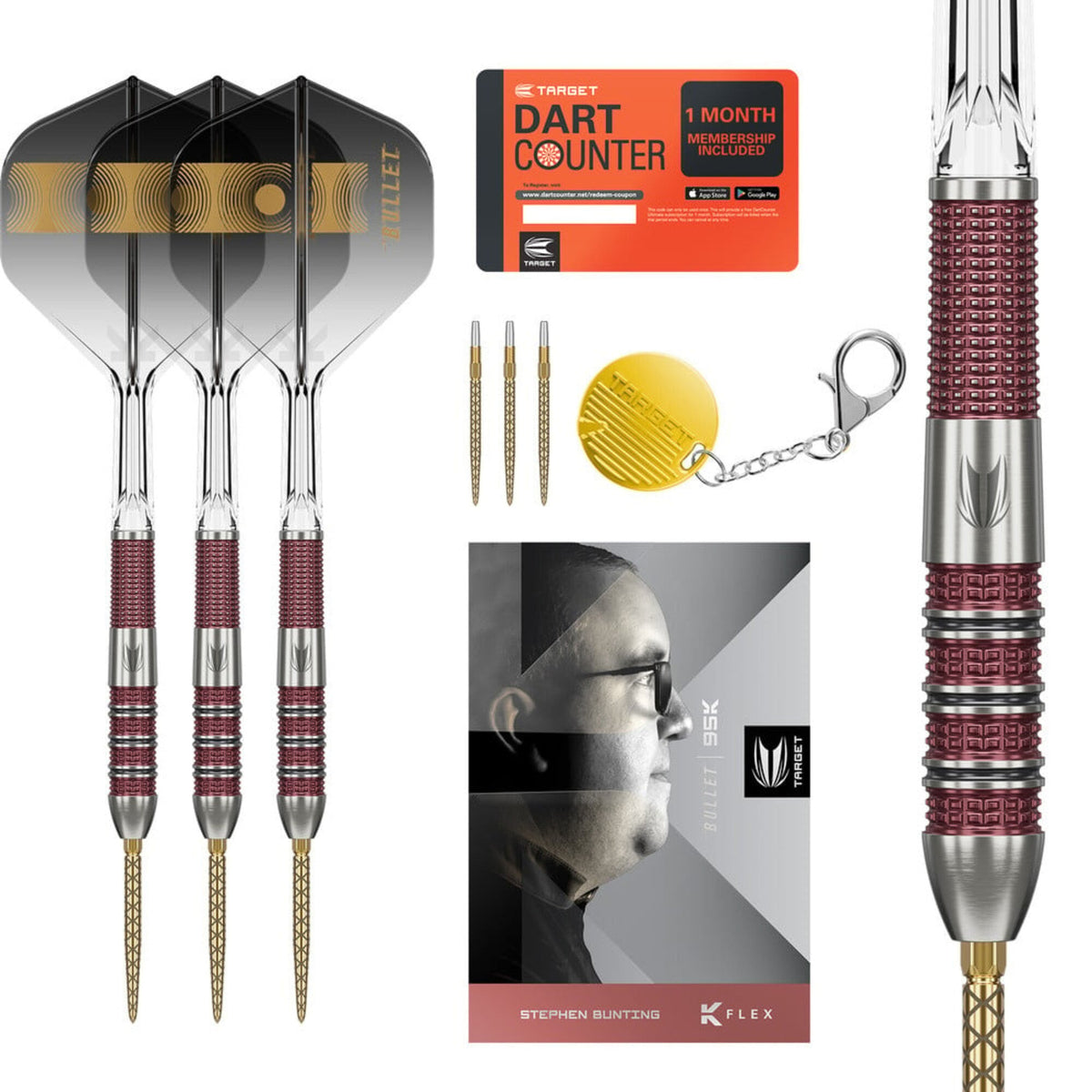 Stephen Bunting 95K Steel Tip Darts - 95% Tungsten — three barrel close-ups