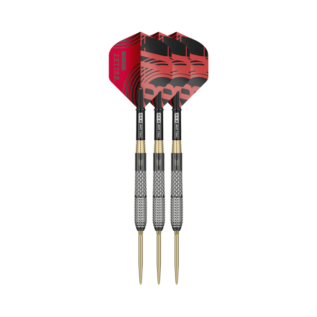 Target Stephen Bunting G5 Void 18g steel-tip darts, three assembled darts with flights, shafts and points on a white background.