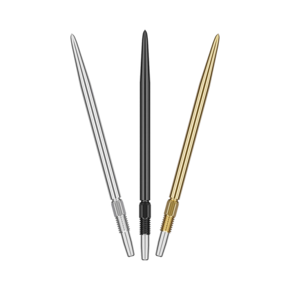 Target Swiss Plain Steel Tip Points - black, gold, silver colour options, one of each shown; matching-colour packs sold separately