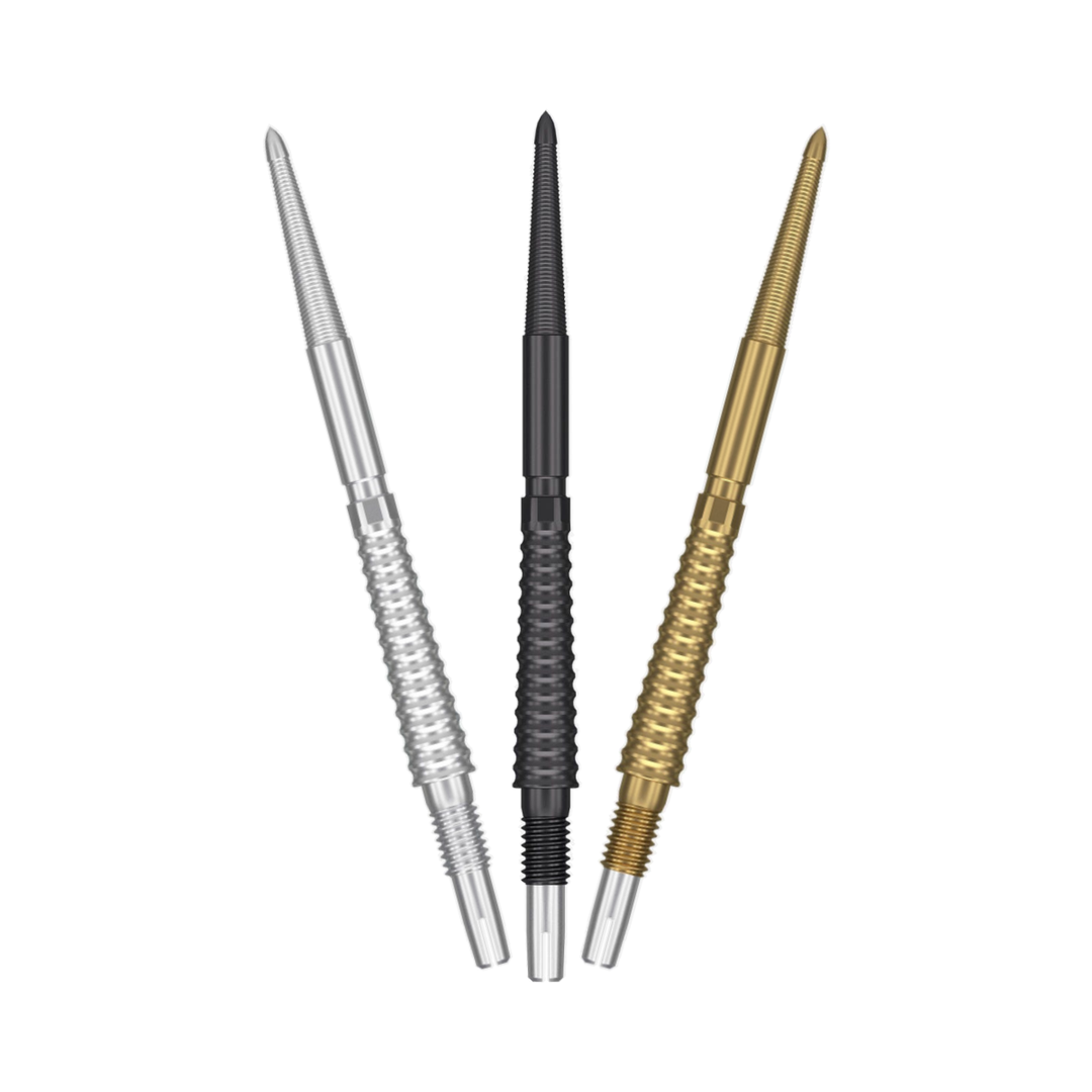 Target Swiss Storm LNC Steel Tip Points - black, silver, gold colour options, one of each shown; matching-colour packs sold separately