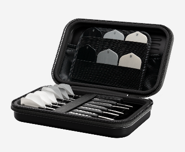 Target Takoma XL Dart Wallet — open case with darts and accessories