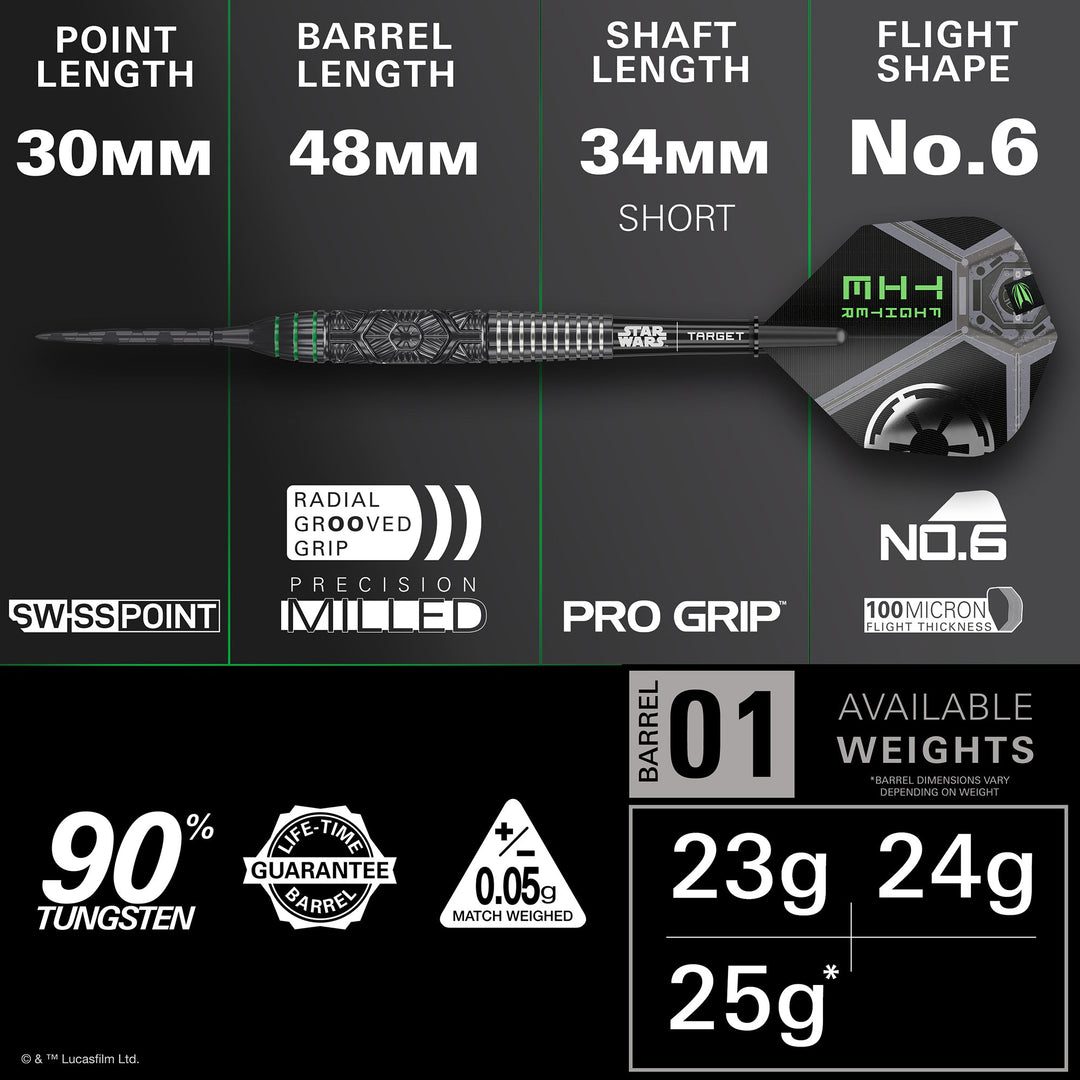 Target Tie Fighter Steel Tip Darts 90% Tungsten — dart and barrel dimensions chart