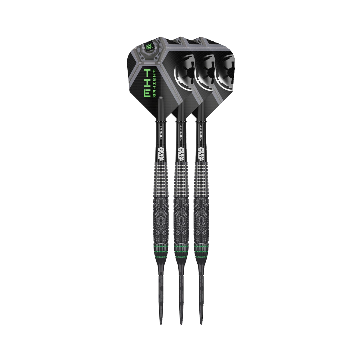 Tie Fighter Steel Tip Darts - 90% Tungsten — three barrel close-ups