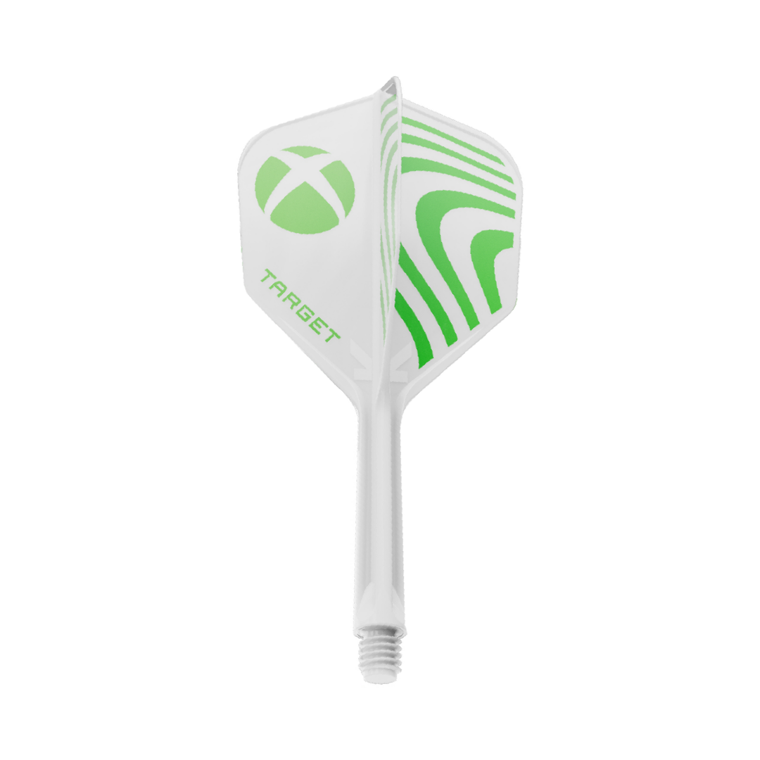Target Xbox K-Flex No.6 integrated flight and shaft in white and green; one complete Intermediate 26mm assembly shown on white as the range representative. Sold in the listed pack quantity.