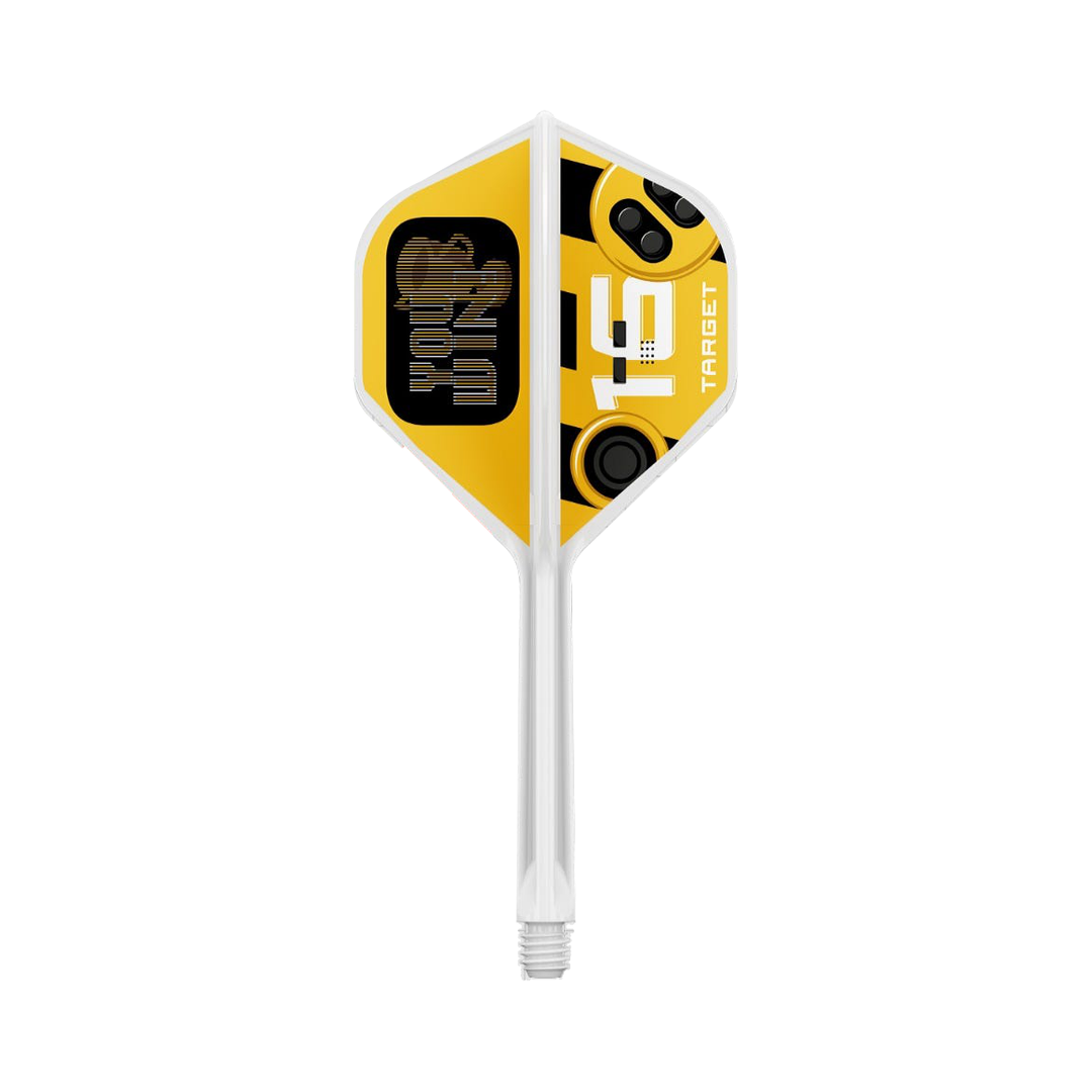 Target You Win No.2 integrated flight and shaft, one white and yellow gaming design shown on white.