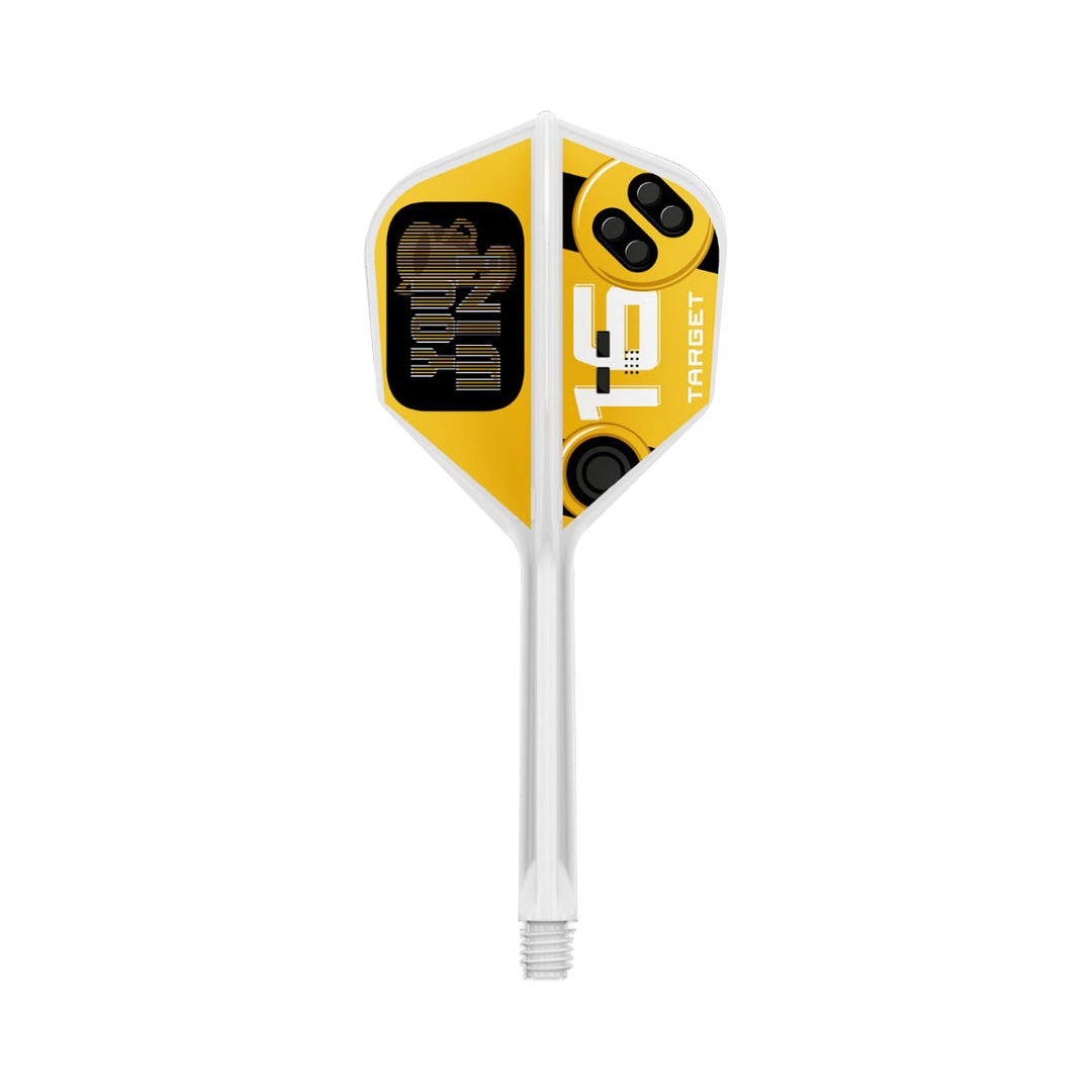 Target You Win No.6 integrated flight and shaft, one white and yellow gaming design shown on white.